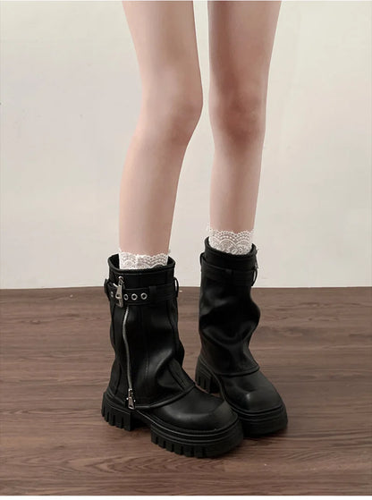 Biker Boots – Fashion Belt Buckle Ladies Elegant Platform Flats, Short Booties Casual Women’s Knight Booties, Winter Boots for Women