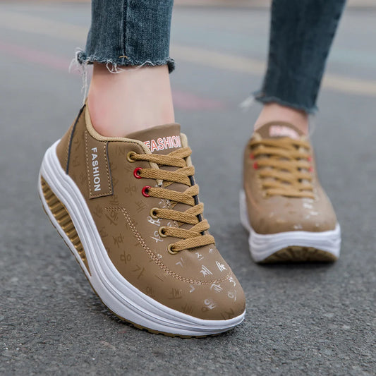Casual Sports Shoes - Breathable, Comfortable, Wedge Heel, Thick Sole, Lace-Up Sneakers for Ladies