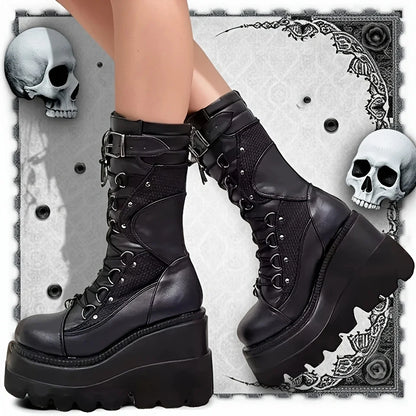 Goth Platform Boots - Fashion Rivet Buckle Punk Wedges, High Heels Women’s Boots, Party Street Cosplay, Brand New Ladies Shoes