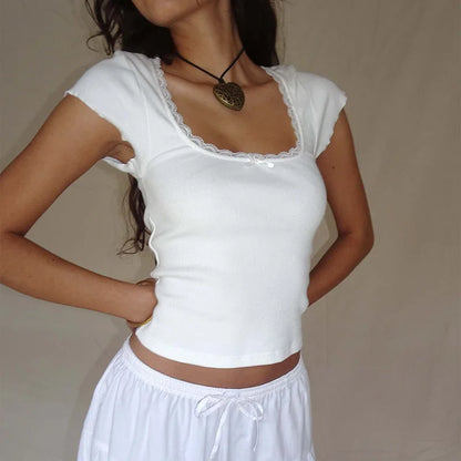 Y2K Vintage Baby Tee – Cottagecore Lace Trim, Knitted Square Neck Crop Top for Women