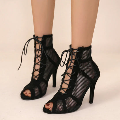Sexy High Heels – Hollow Mesh Sandals, Summer Cross-Tied Peep Toe Heeled Sandals, Ankle Strap Dance Shoes