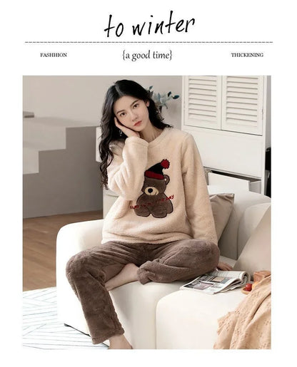 Thickened Warm Large Size Padded Fall and Winter Women's Pajamas – Top and Pants Set, Coral Velvet with Cartoon Bear, 2PCS/Set