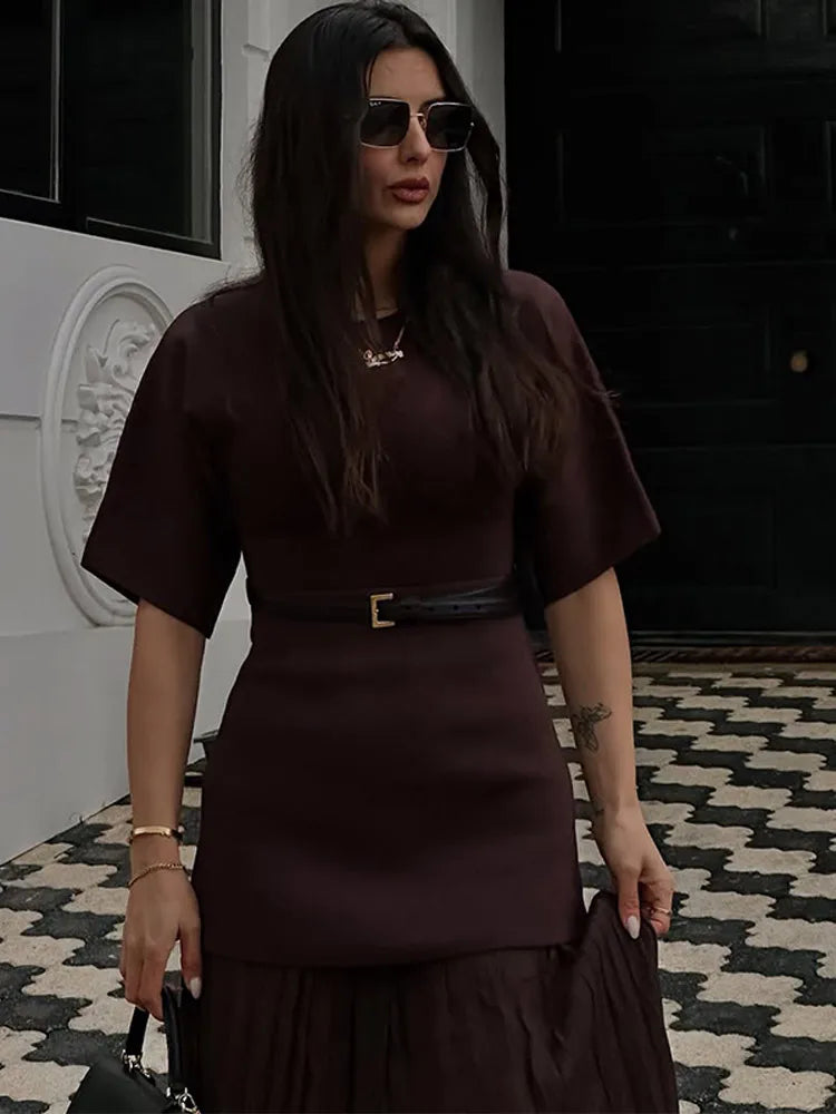 Chic Splicing Brown Maxi Dress – Half Sleeve, Pleated A-line, Slim Fit, Casual Office Commute Streetwear
