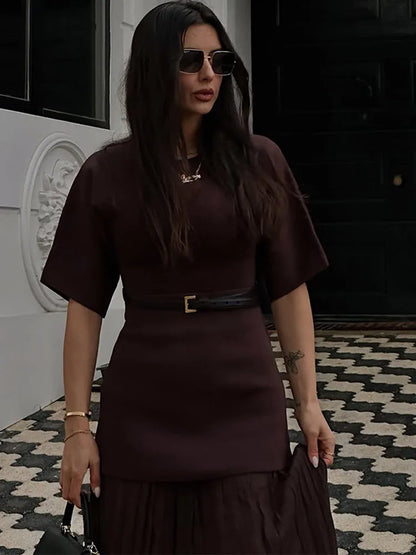 Chic Splicing Brown Maxi Dress – Half Sleeve, Pleated A-line, Slim Fit, Casual Office Commute Streetwear