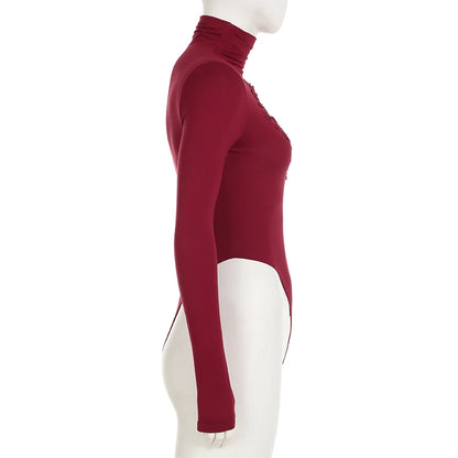 Red Skinny Bodysuit – Heart-Shaped Hollow Out, Sheer Patchwork, Full Sleeve, Vintage Chic Outfit