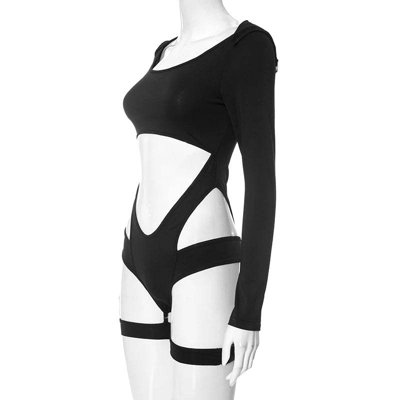 Zip Turtleneck Buckle Cutout Bodysuit – Long Sleeve, Sexy Club Romper, Black Techwear Jumpsuit for Women