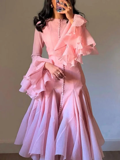 Luxury O Neck Pink Ruffle Button Female Vestidos Fashion Long Sleeve High Waist Prom