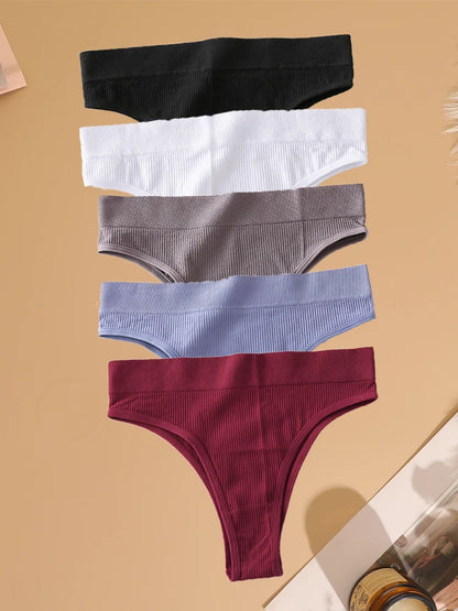 5PCS Seamless Ribbed Striped Panties – Sexy Low-Waist, Brazilian Style, Solid Color, G-String Lingerie