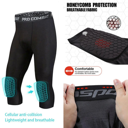 Men's Safety Anti-Collision Pants – Basketball Training 3/4 Tights Leggings, Knee Pads Protector, Sports Compression Trousers