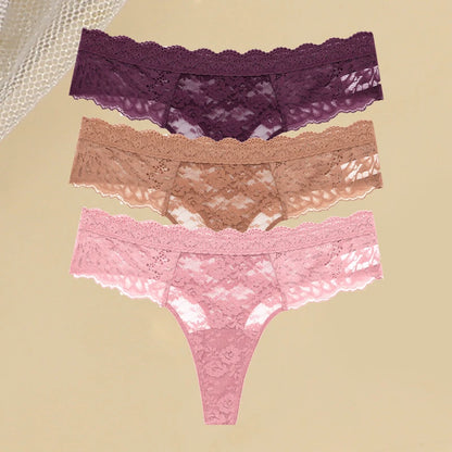 3PCS Lace Hollow Out Thong Panties – Sexy Floral Print, Solid Color, Low Waist, Breathable G-String Lingerie