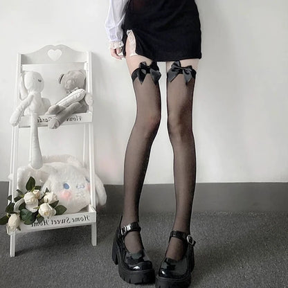 Sweet Over-Knee Long Socks – Women's Lolita Bowknot Thigh-High Stockings, Punk Lace Mesh Hollow Fishnet Pantyhose