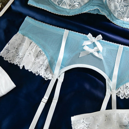 Lace Bra Set – Women's 4-Piece Lingerie Set with Stockings, Floral Bra, Panty & Garter Kit, Sexy Erotic Intimates