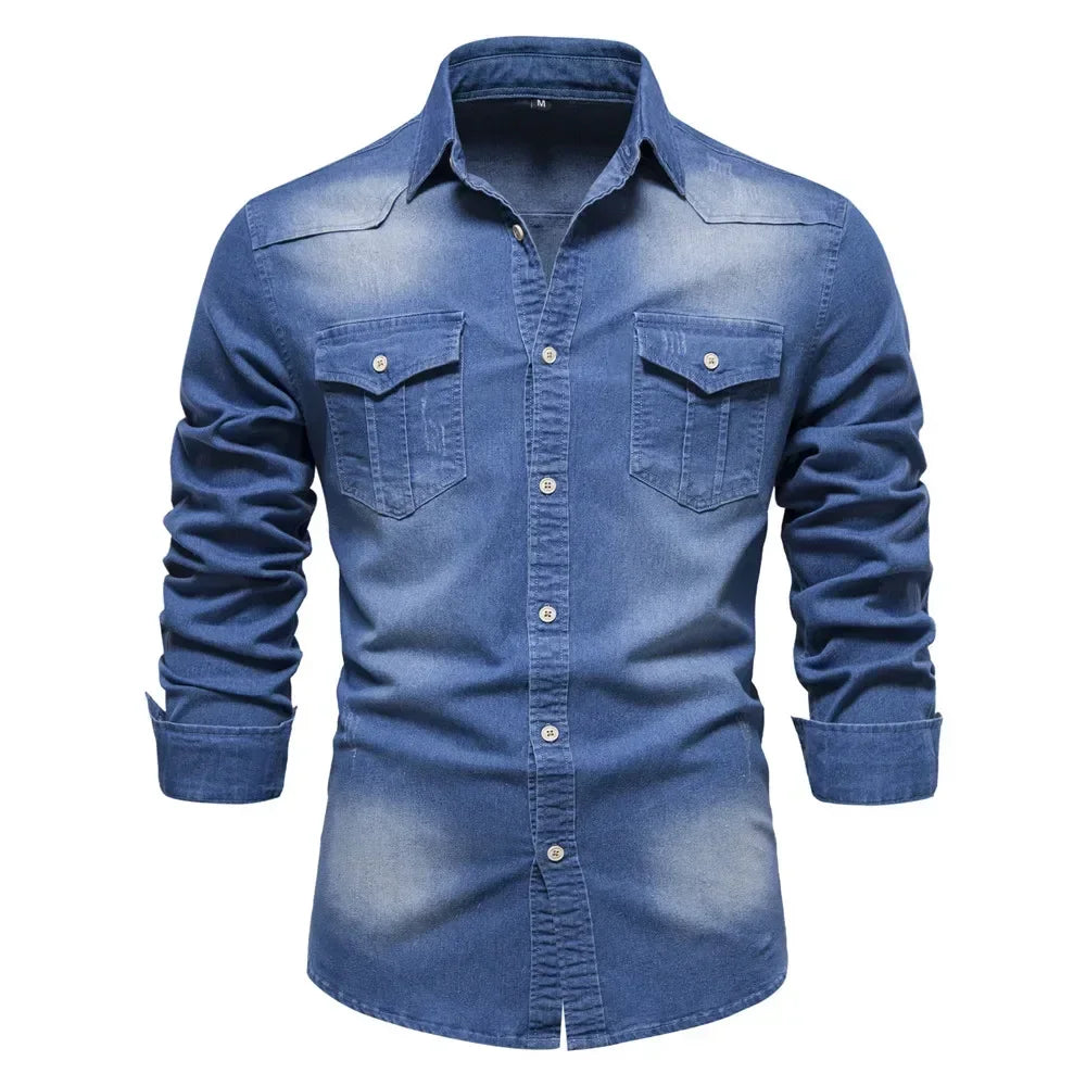 Elastic Cotton Denim Shirt Men Long Sleeve Quality Cowboy Shirts