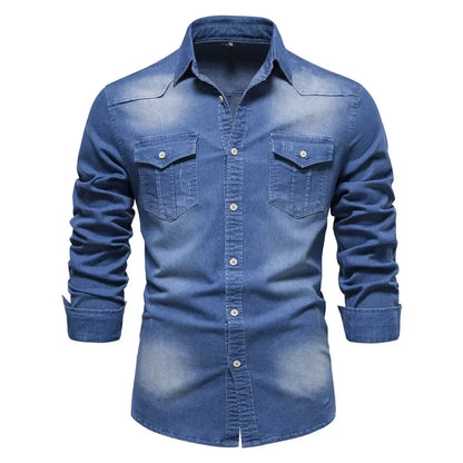 Elastic Cotton Denim Shirt Men Long Sleeve Quality Cowboy Shirts