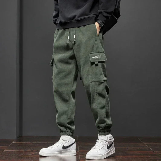 Men's Corduroy Harem Cargo Pants – Spring Autumn Streetwear, Army Green/Gray/Black, Elastic Waist Casual Joggers Sweatpants