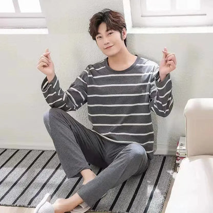 Men's Summer Pyjamas – Long Sleeve, Black Plaid Trousers, Youth Style, Large Size, Two-Piece Homewear Set, Outdoor Wearable