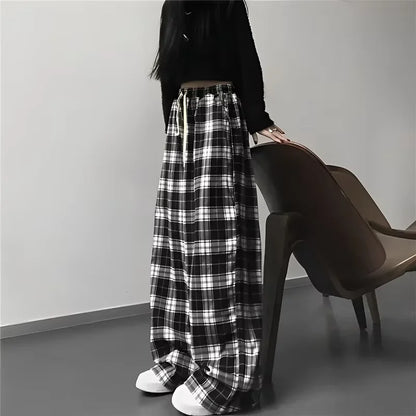 Thin High-Waisted Wide-Leg Pants – Korean Style, Casual, Straight Cut, Hit Color, Plaid Pattern, Elastic Waist, Dragging Length