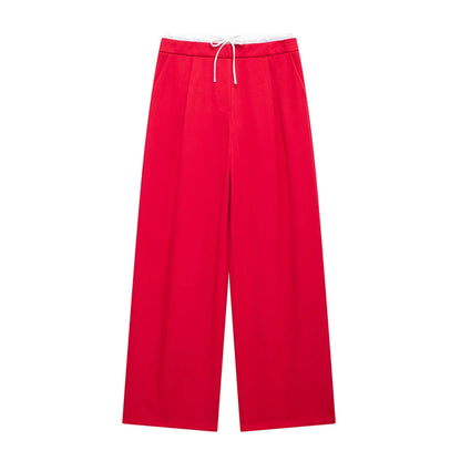 Women Fashion Straight Pants – Solid Color, Lace-Up, Side Zipper, Vintage Style, High Elastic Waist, Chic Lady Trousers