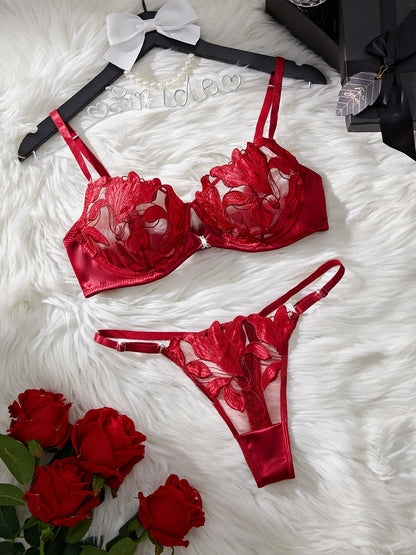 Floral Embroidery Sexy Lingerie Set – Women Transparent Bralette, Underwire Push Up Bra, Panty 2-Piece Set