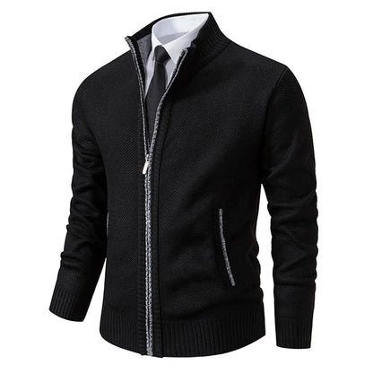 Jersey Men's Casual Sports Coat – Solid Color Stand Collar Sweater, Fleece-Lined, Warm Zipper Cardigan
