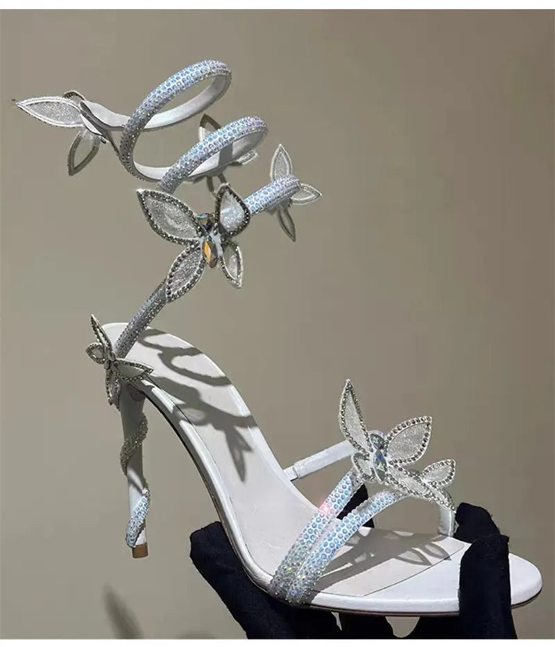 Luxury Crystal Embellished Butterfly Detail Women Sandals Sexy Coiled Strap High heels