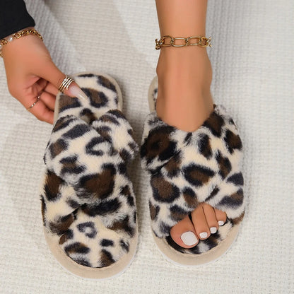 Cross Warm Fluffy Furry Slippers Women – Lightweight Flat Heels, Fur Slides, Autumn Winter Open Toe Non-Slip Home Floor Shoes