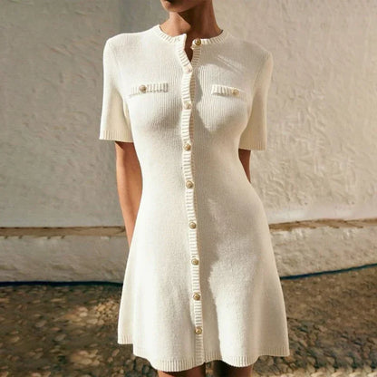 Elegant Knitted Mini Dress – Sexy, Slim Fit, Ribbed Knit, Metal Button, Short Sleeve, Holiday, Party Wear