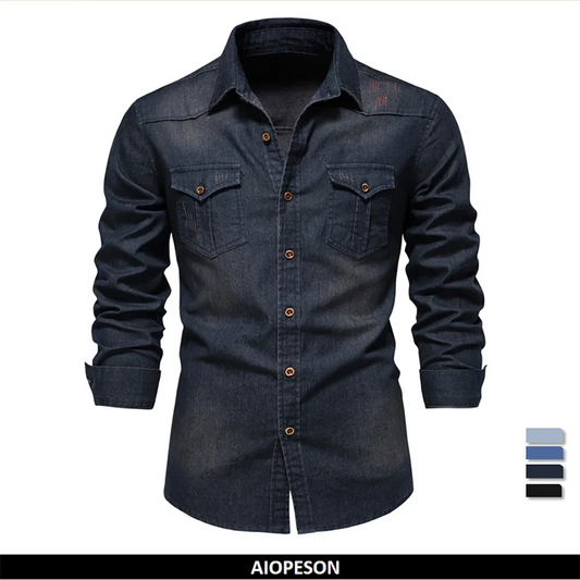 Elastic Cotton Denim Shirt Men Long Sleeve Quality Cowboy Shirts