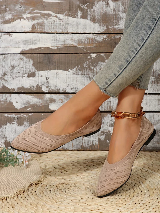 Pointed Toe Flats - Solid Color Knitted Slip-On Office Shoes, Casual Ballet Flats, Women's Loafers, Zapatos de Mujer