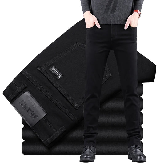 Men's Pure Black Slim Jeans – Elastic Straight Fit, Business Fashion, Leisure Style, Korean Vintage Denim Pants for Spring and Autumn