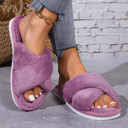Cross Warm Fluffy Furry Slippers Women – Lightweight Flat Heels, Fur Slides, Autumn Winter Open Toe Non-Slip Home Floor Shoes