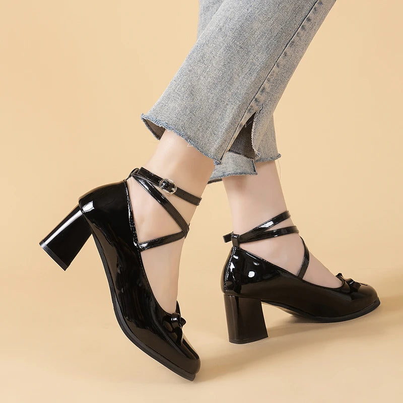 Black Retro Cross-Tie Pumps Casual Summer Round Toe Shoes Ladies Sweet Fashion Shoes Woman Bow Design