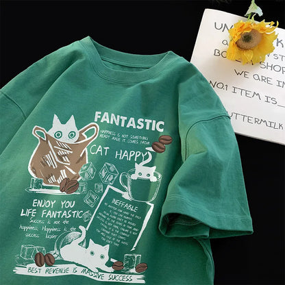 Oversized Cartoon Cat T-Shirt – Unisex Korean Style, Casual Short Sleeve Couple Tee