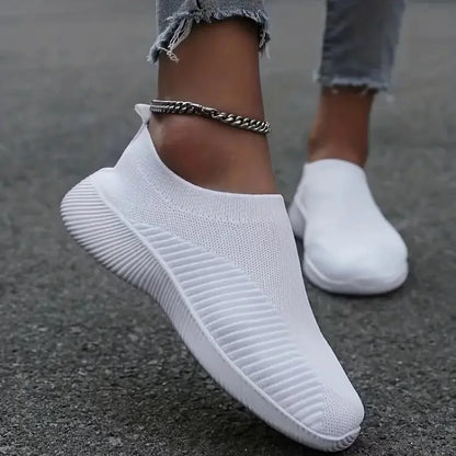 Solid Color Mesh Sneakers – Flying Woven Walking Fashion Slip-on Flat Shoes for Sports, Running, and Tennis