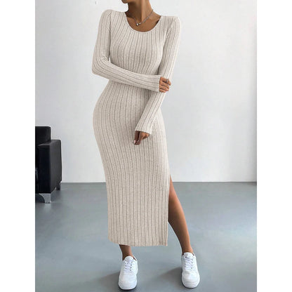 Dresses Fall Winter Knitted Stripe Split U Neck Elastic Basic Bodycon Full