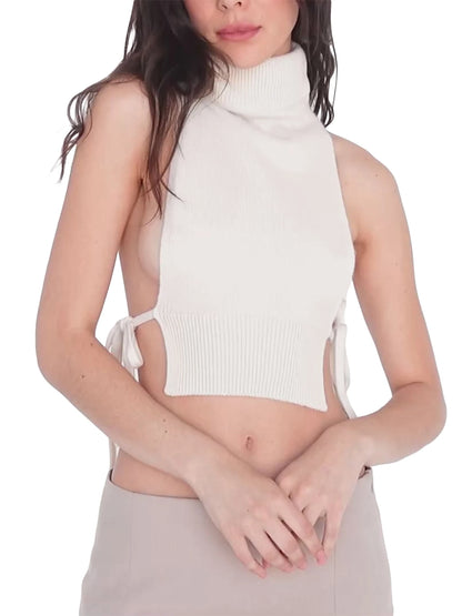 Women's Knit Turtleneck Tank Top – Solid Color, Sleeveless, Side Knot, Slim Fit, Sweater Vest, Sexy, Streetwear, Basic Crop Top