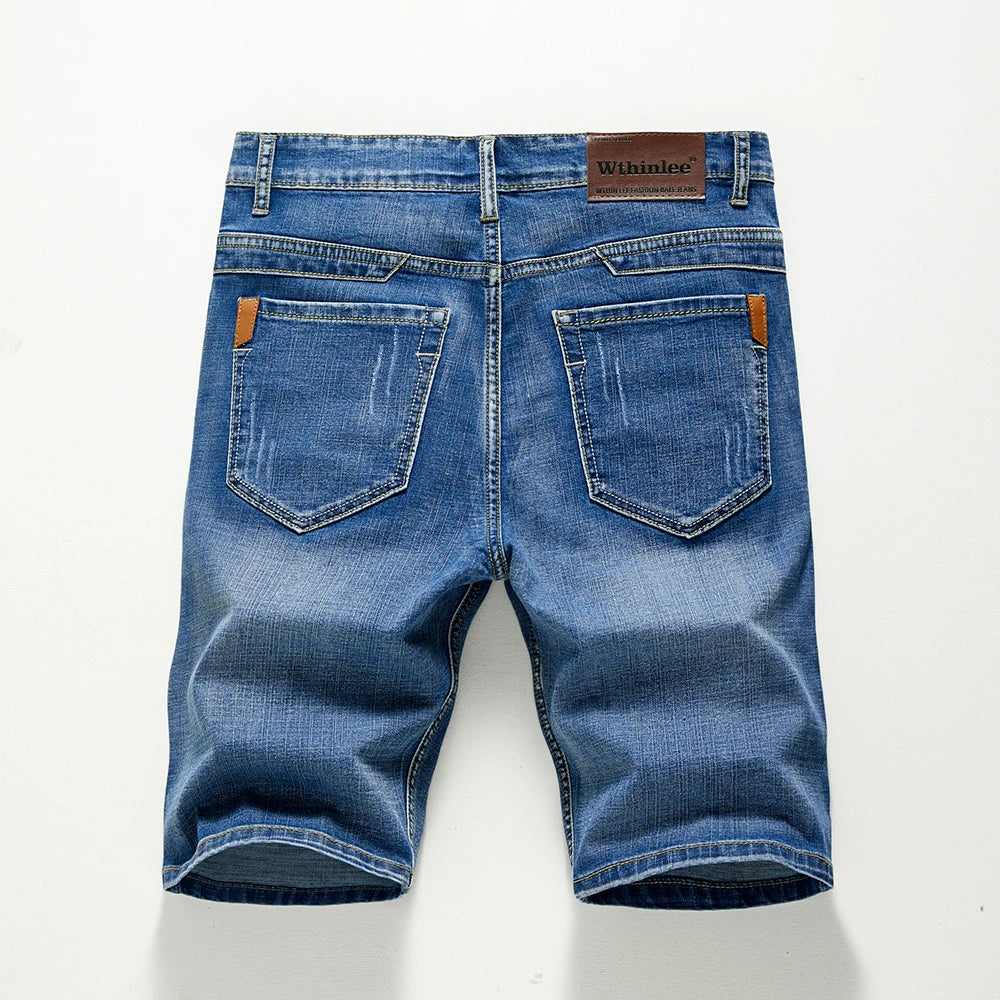 Men's Shorts Jeans – Denim Stretch Pants, Dark Blue, Fashion Design, Slim Straight Fit, Summer Shorts for Men