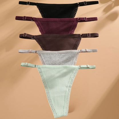 5PCS Sexy G-String Panties – Cotton, Adjustable Waist, Women's Bikini Thongs Lingerie