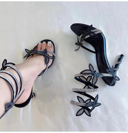 Luxury Crystal Embellished Butterfly Detail Women Sandals Sexy Coiled Strap High heels