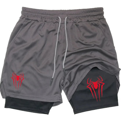 Y2K Performance Shorts Men – Spider Printed, Gym Casual Sports, Compression Shorts, Workout, Running, Mesh 2-in-1 Sport Shorts