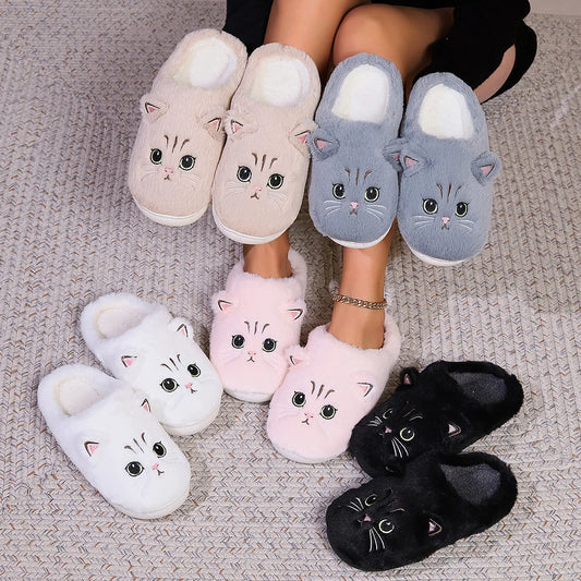 Kawaii Cartoon Cat Fuzzy Slippers - Ultra Soft Fabric Inner, Plush Flat Sole, Cozy Warmth, TPR Durable Outsole, Fabric Upper