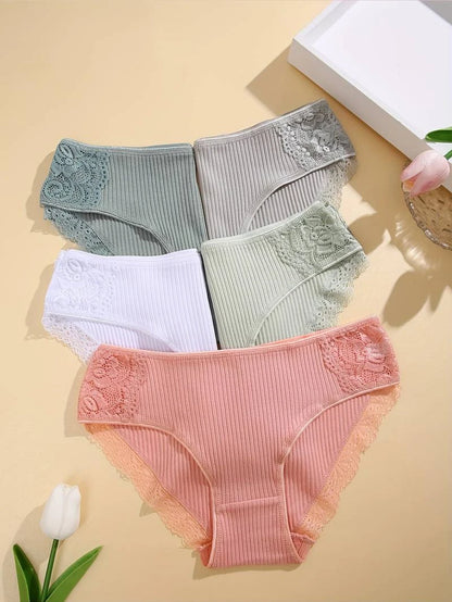 5PCS Set Women's Cotton Panties – Sexy Lace Briefs, Ribbed Lingerie, Hollow Out Design, Low Rise Underwear