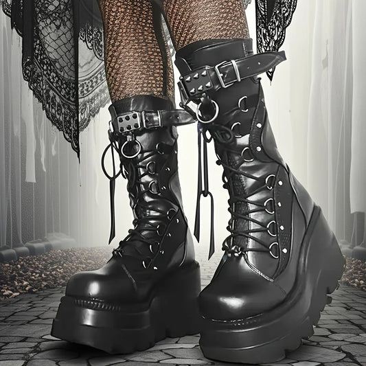 Goth Platform Boots - Fashion Rivet Buckle Punk Wedges, High Heels Women’s Boots, Party Street Cosplay, Brand New Ladies Shoes