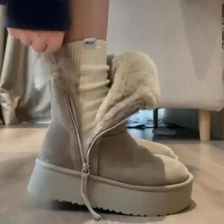 Thick Cotton Boots with Added Fleece – New Warm Fur Integrated Short Tube Thick Sole Snow Boots, Women's Side Zipper