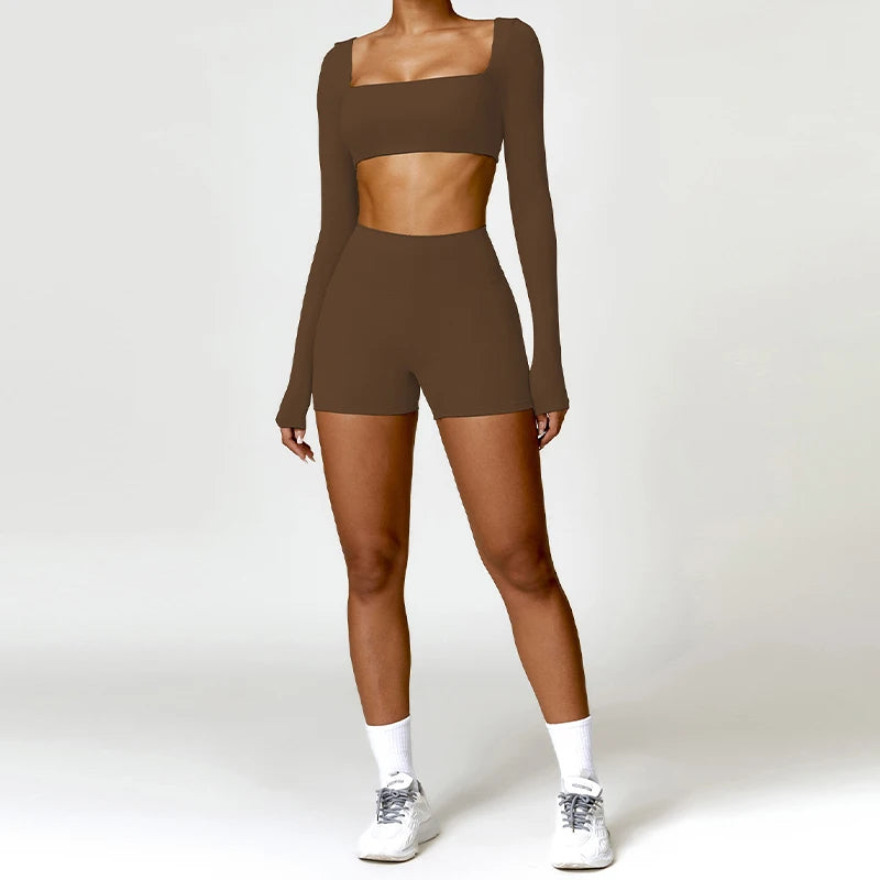 Sportswear Set – Long-Sleeve Top & High-Waisted Shorts or Leggings