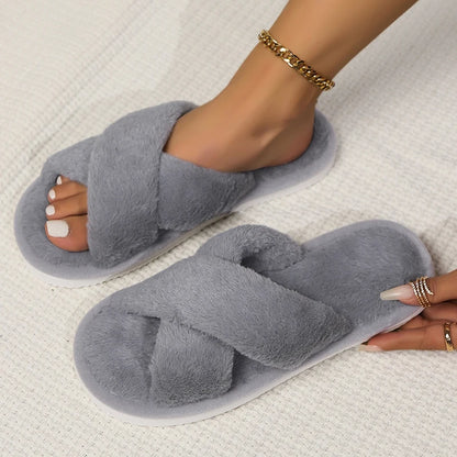 Cross Warm Fluffy Furry Slippers Women – Lightweight Flat Heels, Fur Slides, Autumn Winter Open Toe Non-Slip Home Floor Shoes