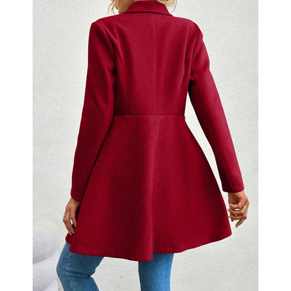 Women's Winter Coat – Solid Color, Long Sleeve, Lapel, Button-Up Workwear