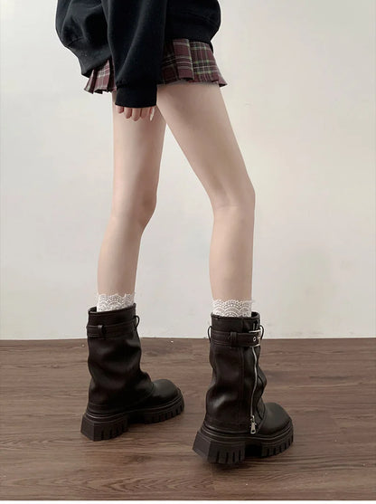 Biker Boots – Fashion Belt Buckle Ladies Elegant Platform Flats, Short Booties Casual Women’s Knight Booties, Winter Boots for Women