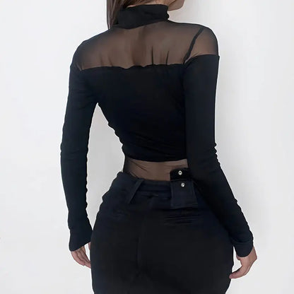 Women's Sexy Hollow Bodysuit – Long Sleeved Mesh Top, Solid Fashion, Half High Collar, Y2K Clubwear