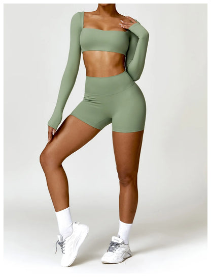 Sportswear Set – Long-Sleeve Top & High-Waisted Shorts or Leggings